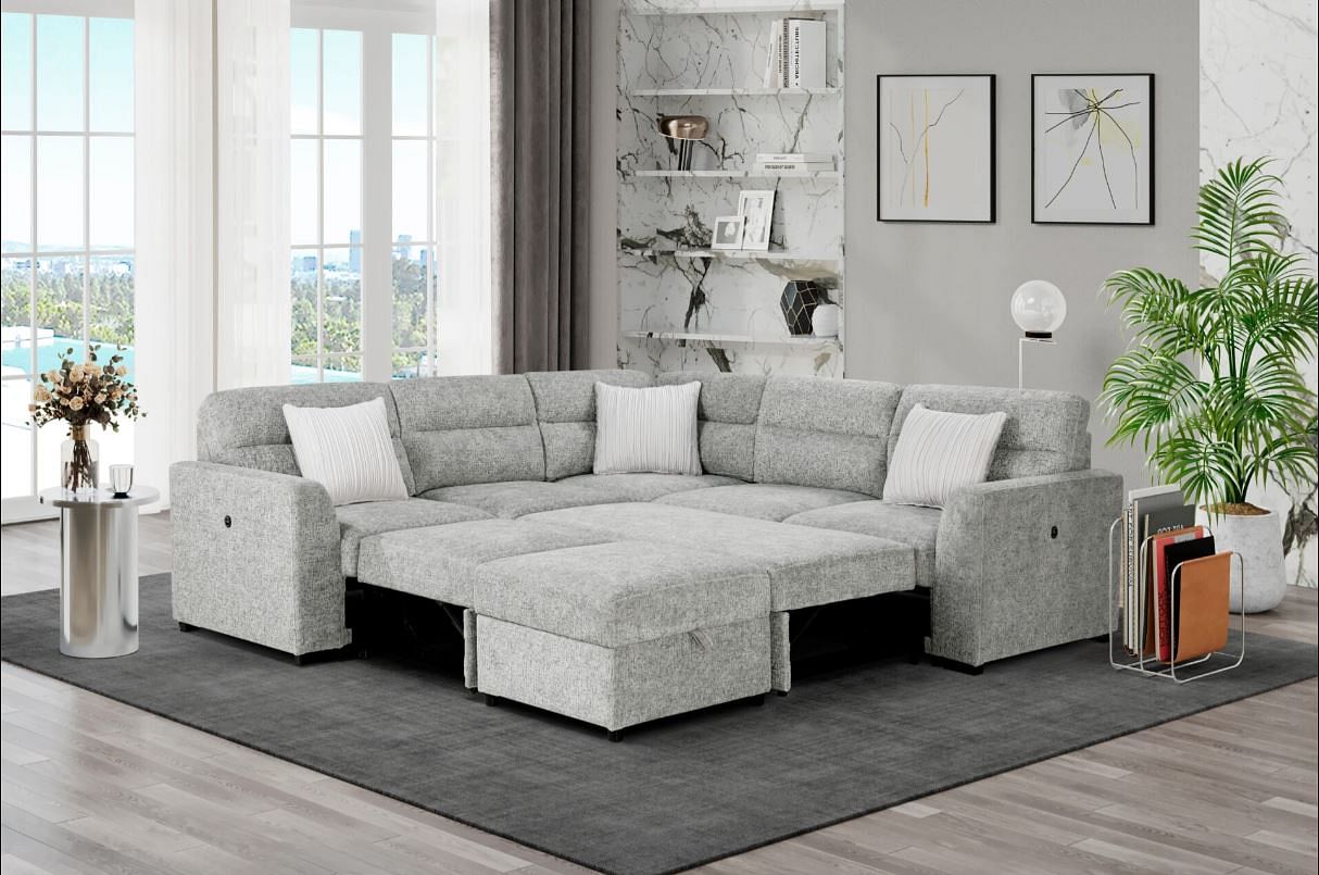 SILVER SECTIONAL WITH 3 PILLOWS AND OTTOMAN